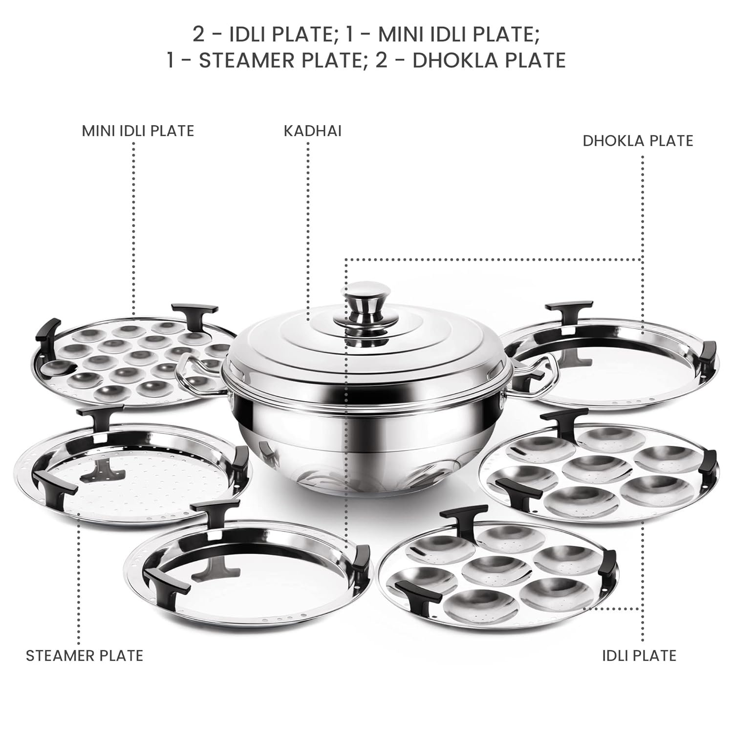 Stainless Steel Sandwich Bottom Multi-kadhai With Lid & 6 attachments - Image 2