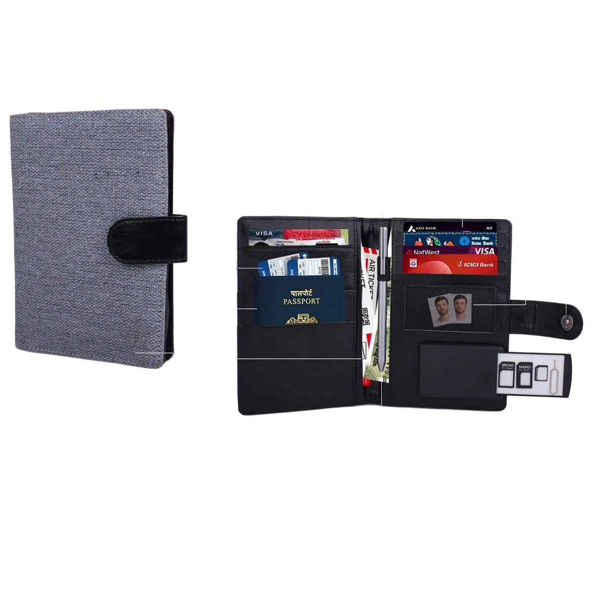Gray Canvas Passport holder with Sim Card Safe Case & Sim Card Jackets