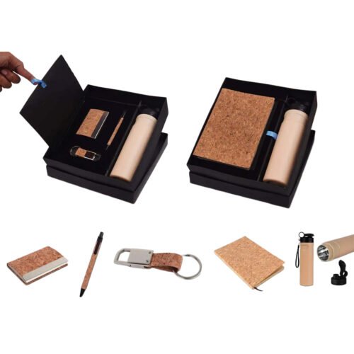 _0074_Compact 5 Pc Cork Gift Set_ Cork Notebook, Cork Pen, Metal Compact 5 Pc Cork Gift Set: Cork Notebook, Cork Pen, Metal Cork Keychain, Cork Card Holder & Insulated Steel Bottle