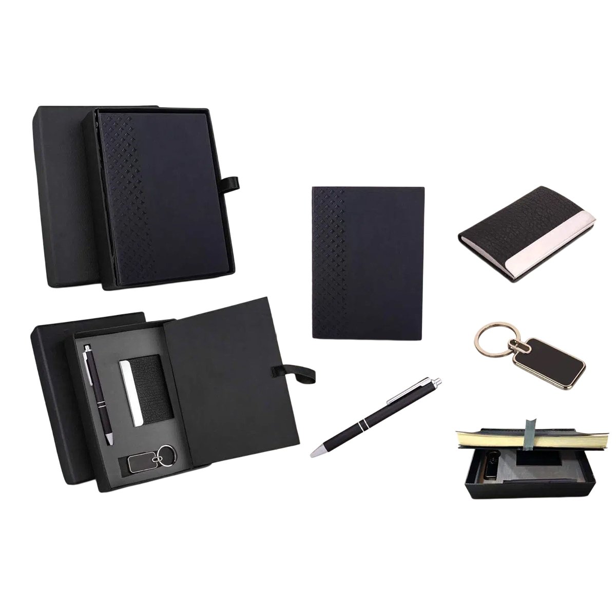 Compact 4 pc Black gift set: A5 size Notebook, Metal pen, Metal PU Keychain, Metal Card holder