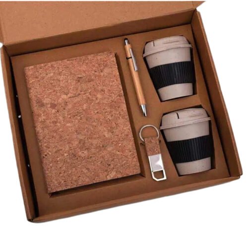 _0095_EcoSet 4_ Set of A5 Cork notebook, 2 Bamboo Coffee Mugs with EcoSet 4: Set of A5 Cork notebook, 2 Bamboo Coffee Mugs with Silicon Sleeve, Bamboo Pen & Cork Keychain in Kraft Gift Box