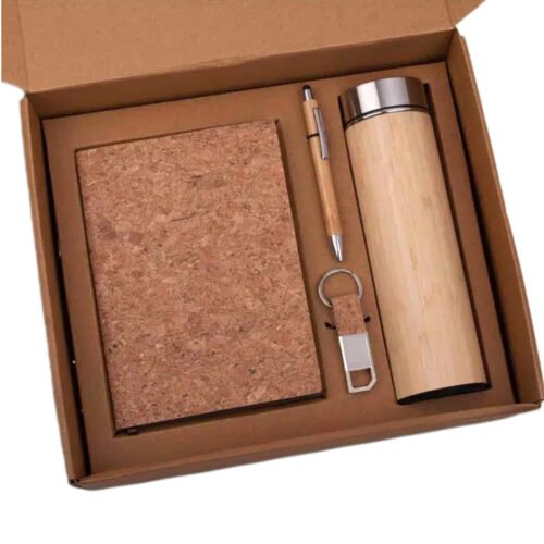 _0096_EcoSet 3_ Set of A5 Cork notebook, Bamboo 304 Steel Vacuum EcoSet 3: Set of A5 Cork notebook, Bamboo 304 Steel Vacuum Flask, Bamboo Pen & Cork Keychain in Kraft Gift Box