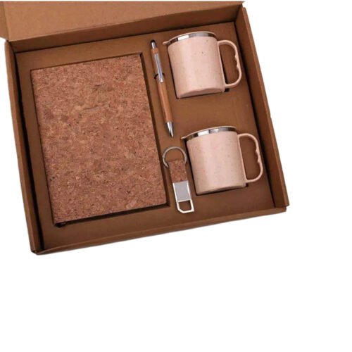 _0098_EcoSet 1_ Set of A5 Cork notebook, 2 Eco Steel mugs, Bamboo EcoSet 1: Set of A5 Cork notebook, 2 Eco Steel mugs, Bamboo Pen & Cork Keychain in Kraft Gift Box