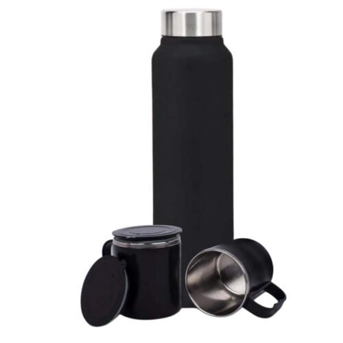 _0116_Set of Black Stainless Steel Bottle with 2 Stainless steel cups in Set of Black Stainless Steel Bottle with 2 Stainless steel cups in Gift box | Bottle capacity 1L approx
