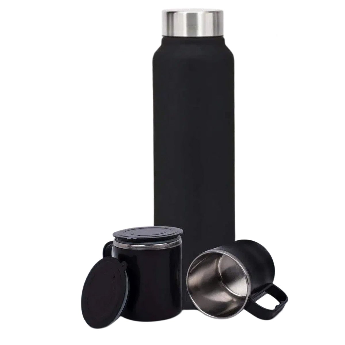 Set of Black Stainless Steel Bottle with 2 Stainless steel cups in Gift box | Bottle capacity 1L approx