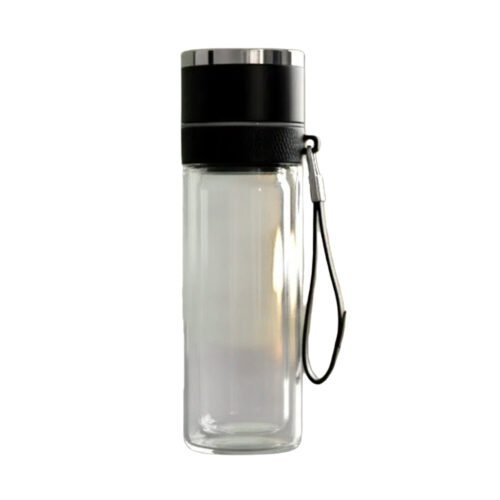 ClearSip Pop: Double wall Borosilicate bottle with SS infuser Net | Single button lid release | Premium carry belt | Capacity 375ml (approx)