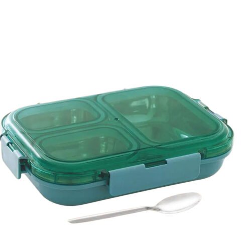 _0249_TokuBox Trio_ Slim Lunch box with SS inside _ PU Filling keeps TokuBox Trio: Slim Lunch box with SS inside | PU Filling keeps food hot | 3 partitions with silicon seal | Spoon included | Leakproof