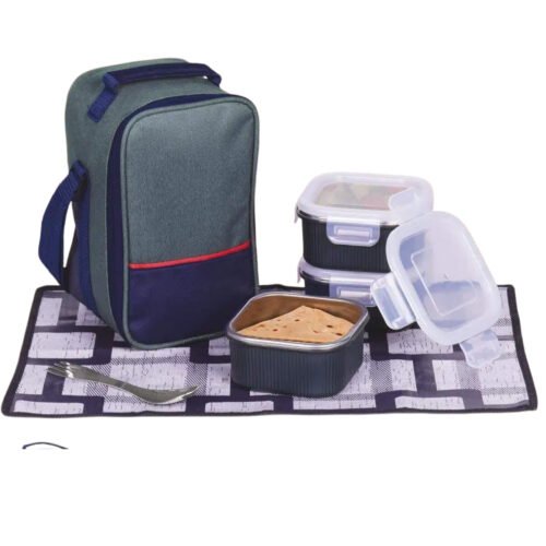 Zippy Square: Lunch box bag with 3 Square Stainless steel containers with striped design, Fork, Spoon, Tablemat