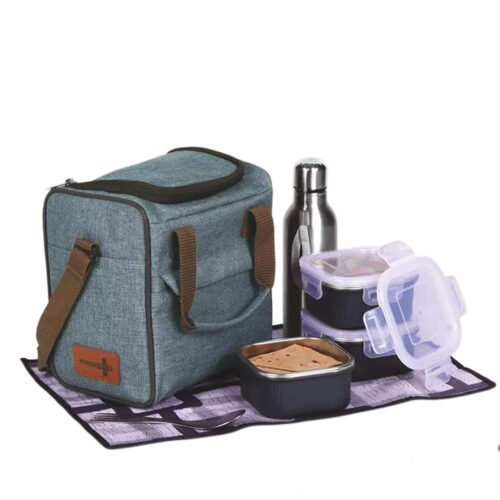 _0263_PIK-KIT Joy_ All in 1 Lunch box with 3 Square Stainless Steel PIK-KIT Joy: All in 1 Lunch box with 3 Square Stainless Steel containers with striped design | Contains SS bottle, Fork, Spoon, Tablemat, Premium Bag