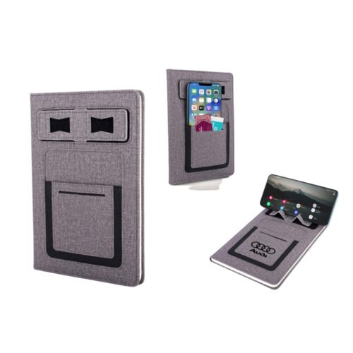 A5 notebook with Phone stand, A5 notebook with Phone stand, card pocket, mobile pocket, pen loop & Elastic fastener