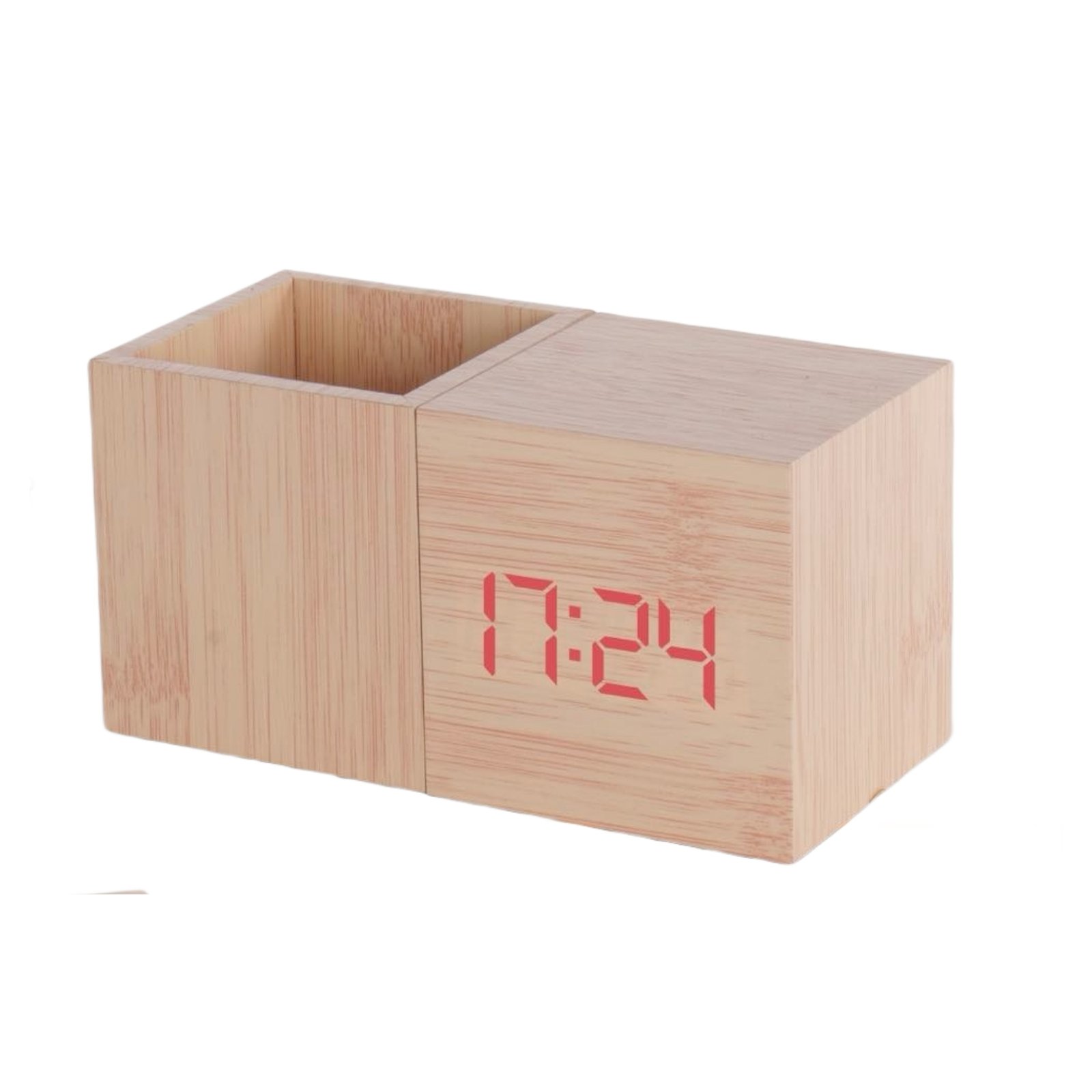 BlockTime: Wooden Table Top with Digital LED Clock and Pen Stand tumbler