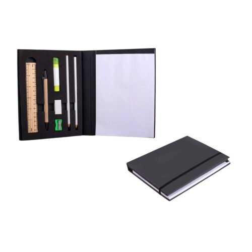 Compact Stationery kit Compact Stationery kit with Writing pad, Eco Pen, Wooden Ruler, Highlighter, 2 Pencils, Sharpener and Eraser | Customizable notepad