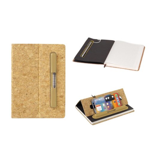 Cork A5 Notebook. Cork A5 Notebook with Hard pen slot and Folding cover Phone Stand