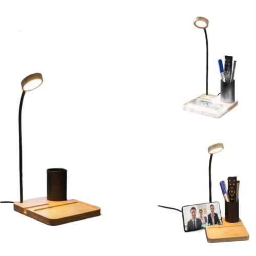 GlowNest: Bamboo Table top with 15W Wireless Charger, LED Lamp, Metal Pen holder & phone stand