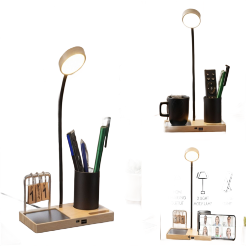 GlowNest Pro: Bamboo Table top with Cup warmer, LED Lamp, Metal Pen holder, Phone stand & Perpetual calendar