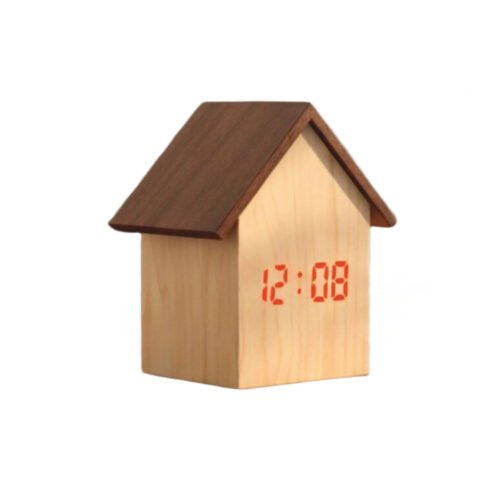Hut shape wooden LED clock with temperature and sound sensor | Dual power (Battery / USB)