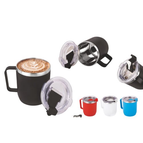 Oscar Stainless Steel coffee mug with handle Oscar: Stainless Steel coffee mug with handle | Premium clear cap with flip top lid | Leak Proof | Capacity 350ml approx