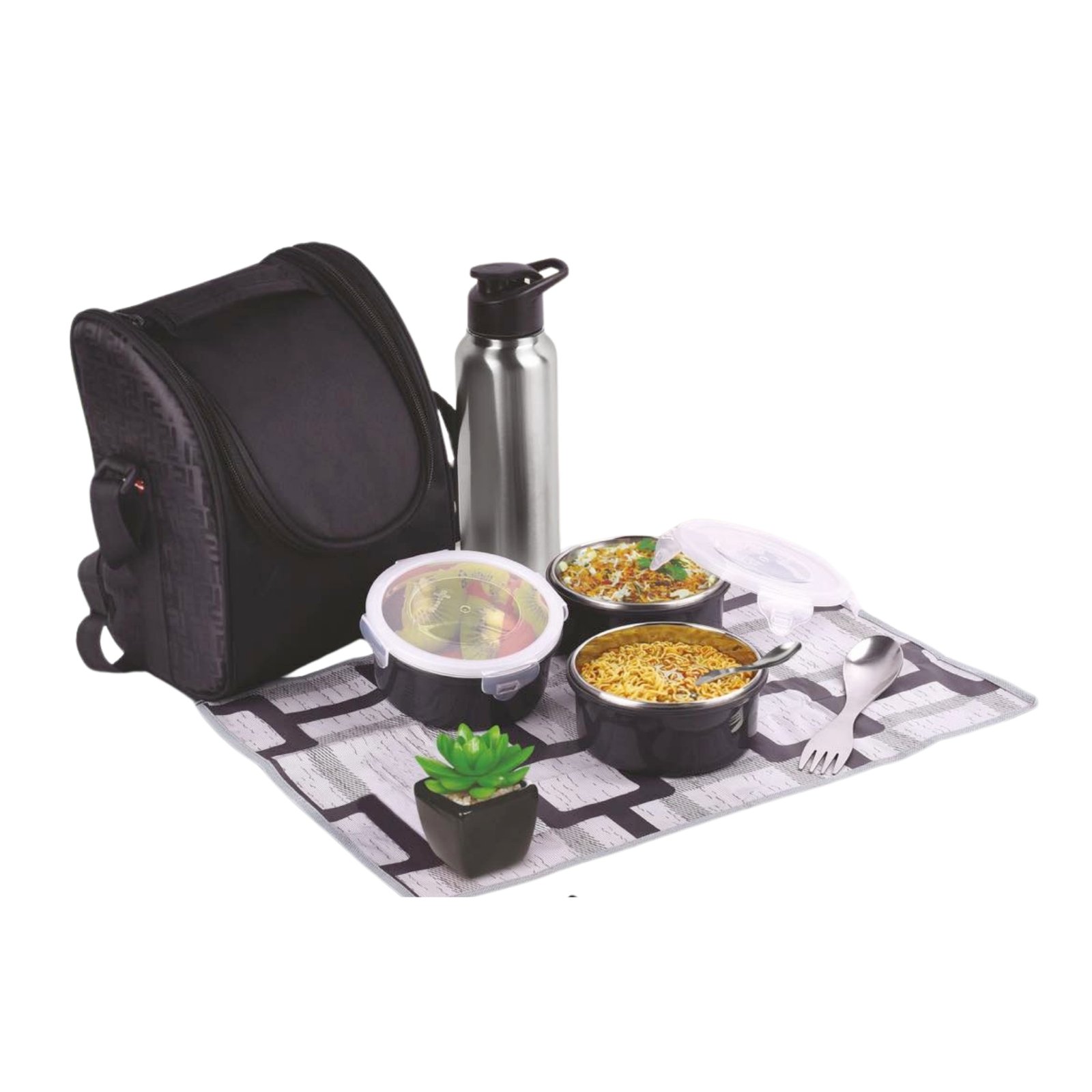 PIK-KIT: All in 1 Lunch box with 3 Microwaveable Steel containers | Contains SS bottle, Fork, Spoon, Tablemat, Premium Bag