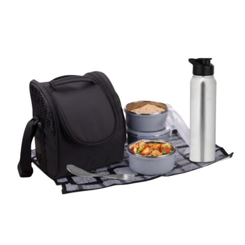 PIK-KIT All in 1 Lunch box. PIK-KIT: All in 1 Lunch box with 3 Microwaveable Steel containers | Contains SS bottle, Fork, Spoon, Tablemat, Premium Bag