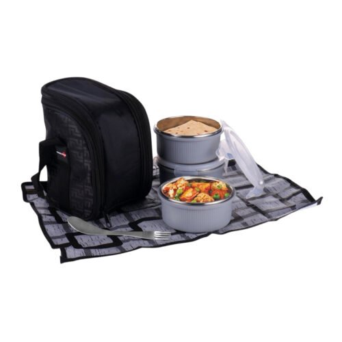 PIK-KIT mini Lunch box combo PIK-KIT mini: Lunch box combo with 3 Microwaveable Steel containers | Contains Fork, Spoon, Tablemat, Premium Bag | New Ribbed design