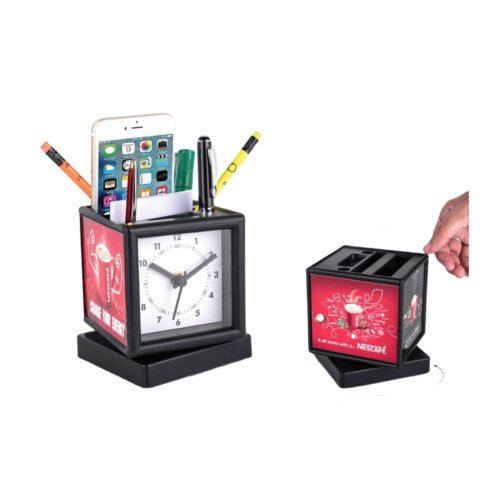 Rotating clock with 3 side branding area | Has pen stand & large stationery holder
