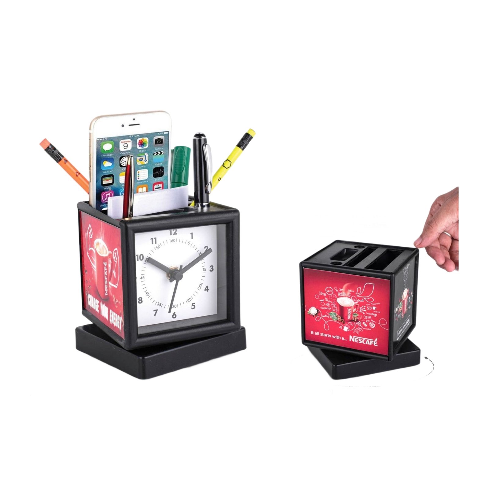 Rotating clock with 3 side branding area | Has pen stand & large stationery holder