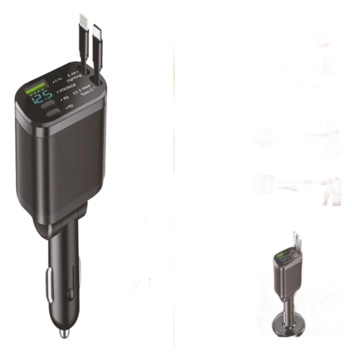 SnapCharge Duo Car Charger SnapCharge Duo: Car Charger with Double retractable wires & Voltage Display | Type C & Lightning built-in cables