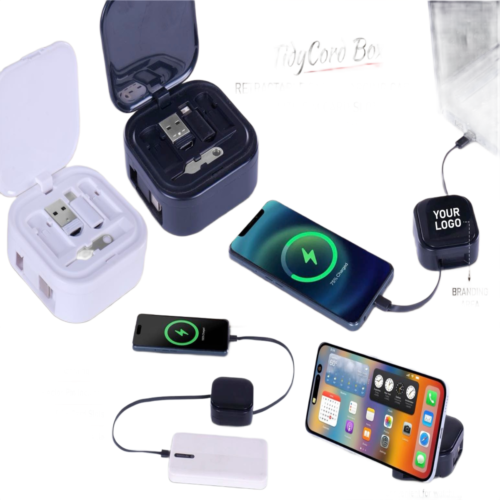 TidyCord Box Retractable Fast Charging cable TidyCord Box: Retractable Fast Charging cable with Sim card slots and phone stand