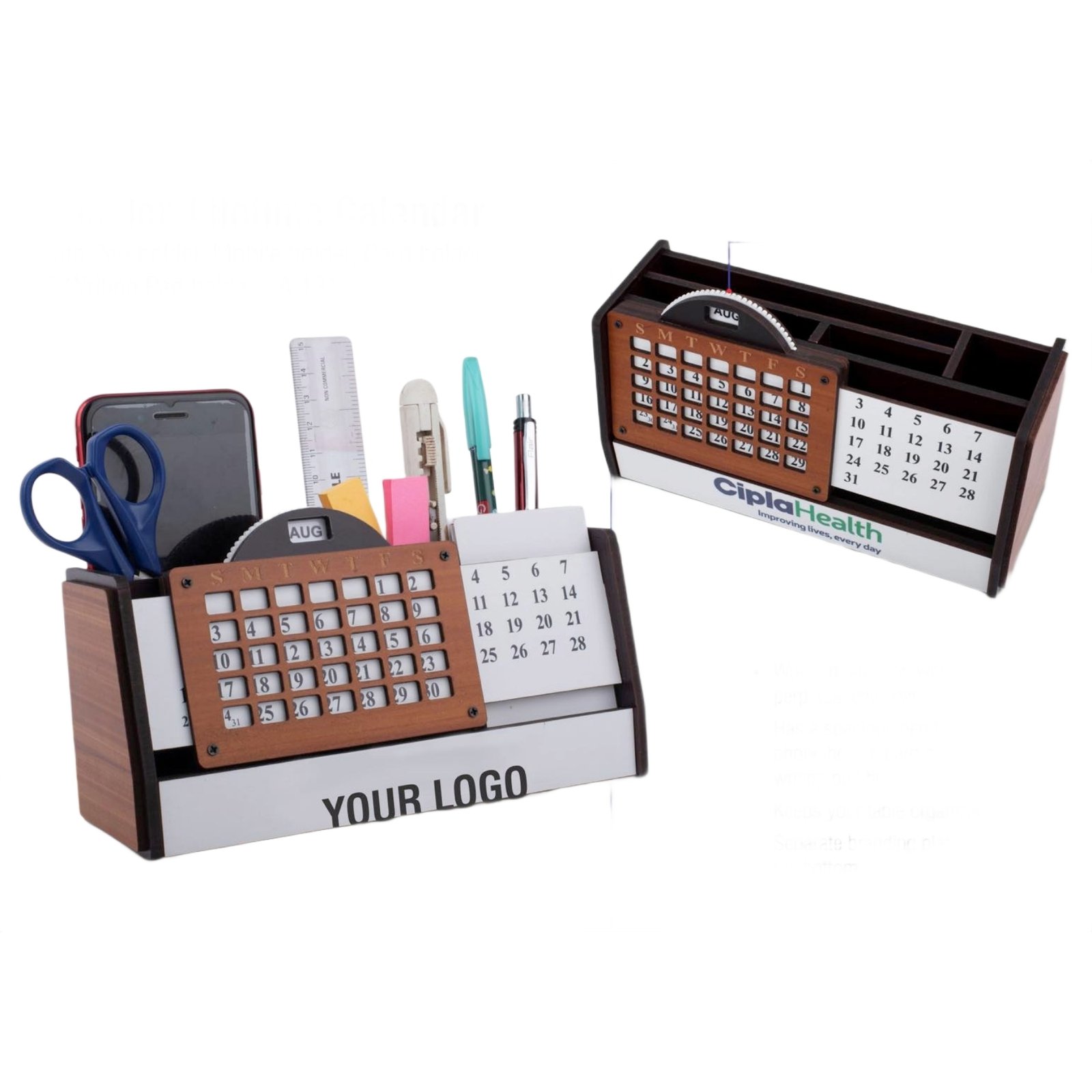 Wooden Lifetime calendar with Pen holder, Mobile holder, Card holder and Writing Pad holder | Branding included MOQ 100pc