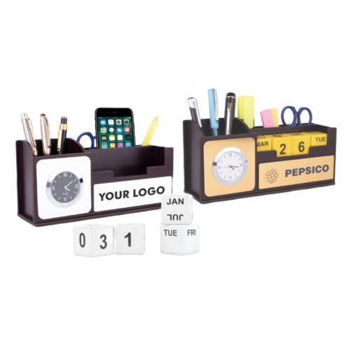 Wooden Table top Wooden Table top with Clock, mobile stand, tumbler, and Lifetime Calendar | Branding included MOQ 100 pcs