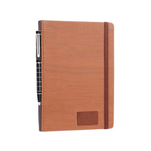 Wooden texture PU notebook with bookmark ribbon, elastic fastener, pen slot and Metal Plate