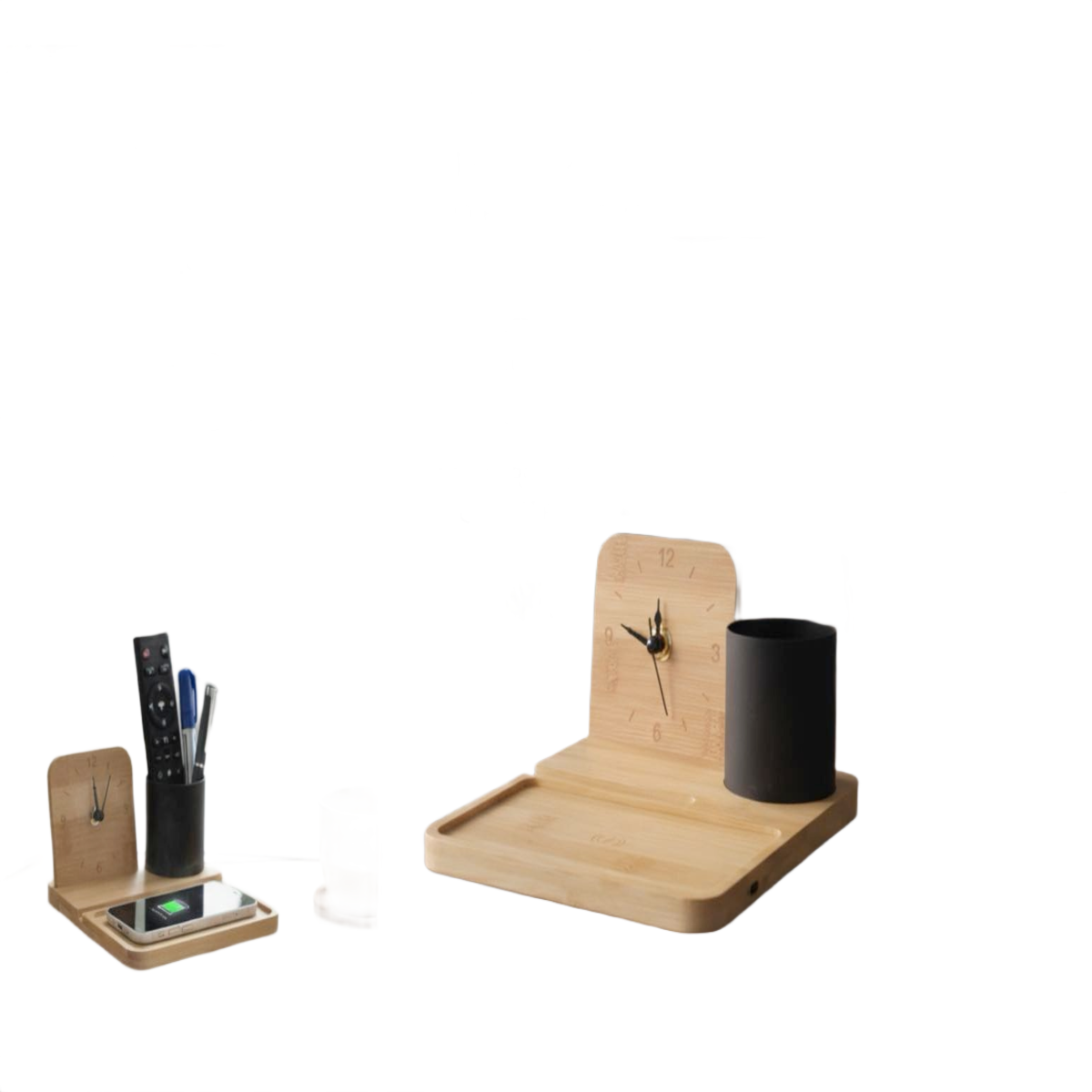 ZenCharge Core: Bamboo Wireless charger with phone stand, Metal Pen holder and Clock | 15W wireless charger