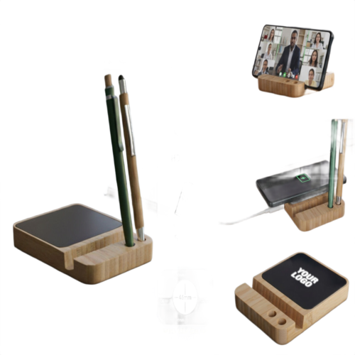 ZenCharge Glow Bamboo Wireless Charger ZenCharge Glow: Bamboo Wireless Charger with Logo Highlight | Has a phone stand and pen stand | 15W wireless charger