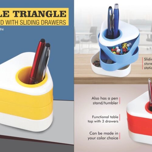 Table triangle: Pen stand with sliding drawers