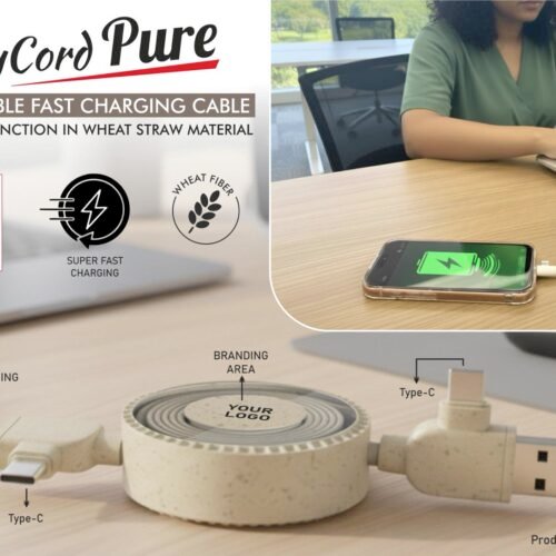 c202 TidyCord Pure: Retractable Fast Charging cable with Data function in Wheat Straw material | Dual Input