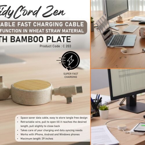 c203 TidyCord Zen: Retractable Fast Charging cable with Data function in Wheat Straw material with Bamboo plate | Dual Input