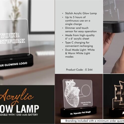 e344 PowerGlow Acrylic Glow Lamp - Rechargeable | 1200 mAh battery | White & Warm white light | Dimmer & Touch Sensor | 6 x 6" Acrylic sheet | Type C charging