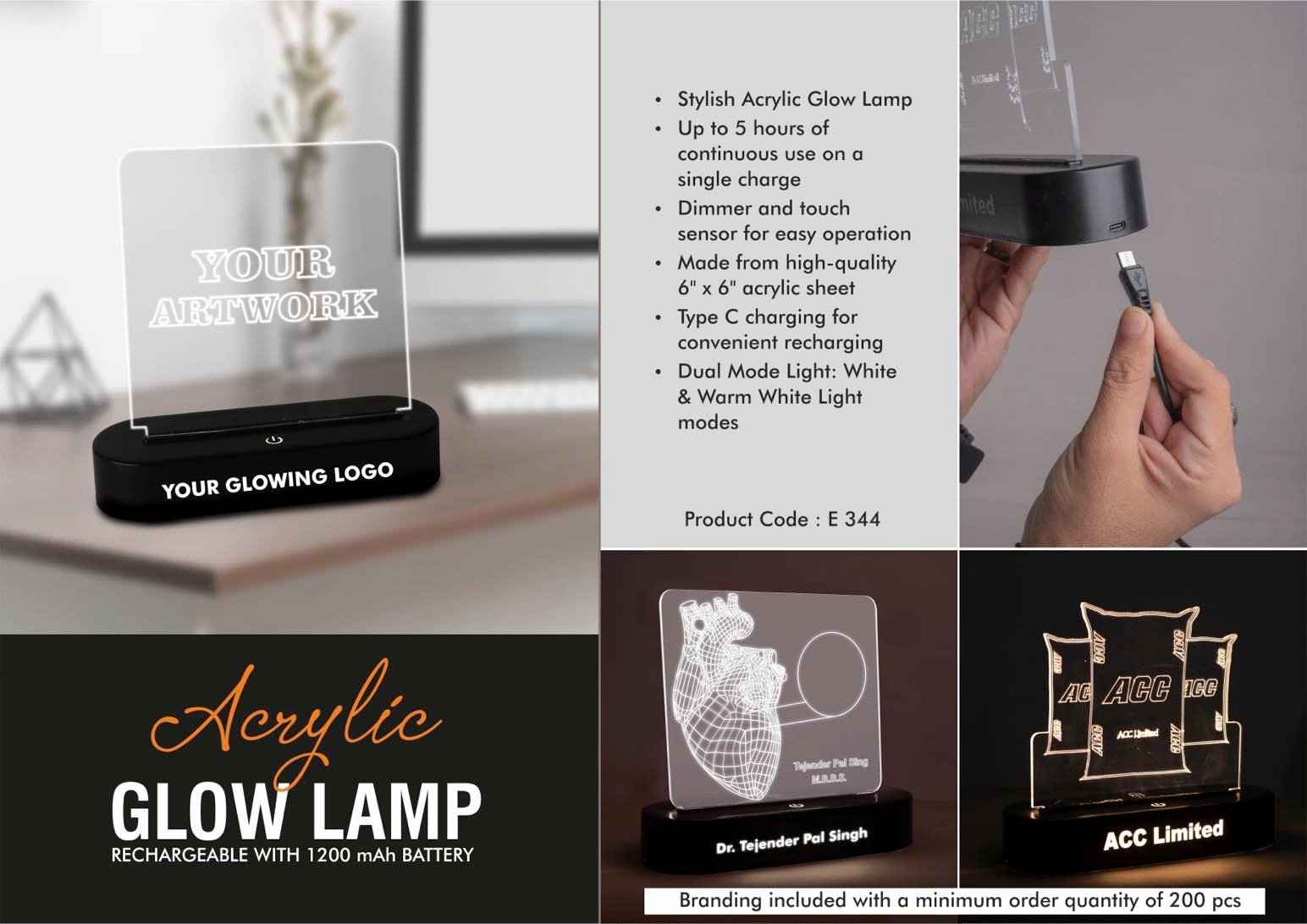 PowerGlow Acrylic Glow Lamp - Rechargeable | 1200 mAh battery | White & Warm white light | Dimmer & Touch Sensor | 6 x 6" Acrylic sheet | Type C charging