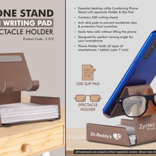 e372 Metal Mobile Phone stand with Writing pad & Spectacle holder | 200 writing sheets | Perfect for glasses & goggles