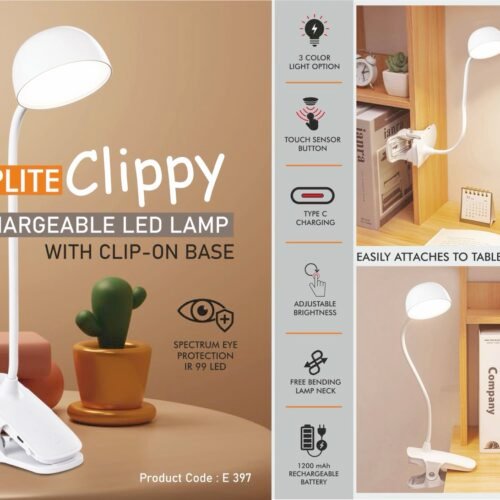 e397 Taplite Clippy: Rechargeable LED lamp with clip on base | 3 Color light with Brightness adjustment | Type C Charging
