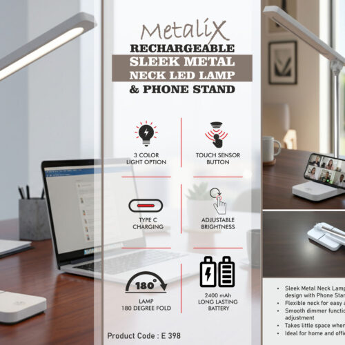 e398 Metalix: Rechargeable Sleek metal neck LED lamp & Phone stand | 3 Color light | Type C Charging