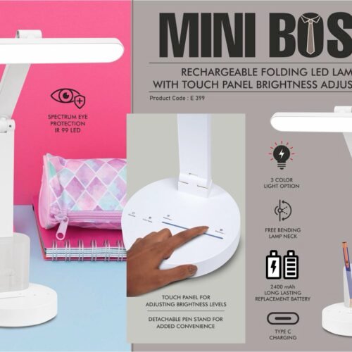 e399 Mini Boss: Rechargeable Folding LED lamp with Touch panel Brightness adjustment | Detachable pen stand | 3 Color light option
