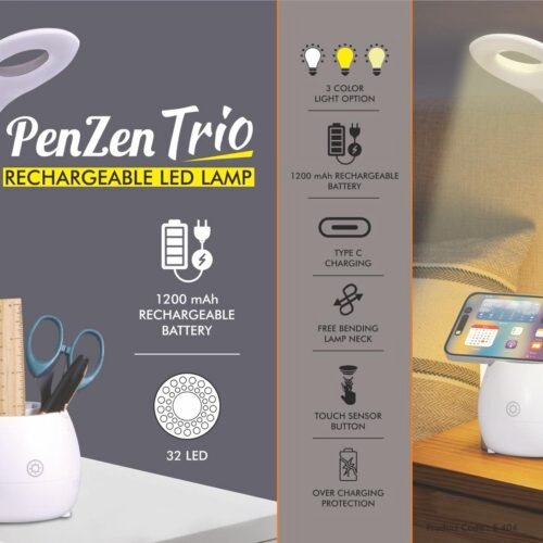 e404 PenZen Trio: Rechargeable LED lamp with Pen stand tumbler and Phone stand | 3 Color light | 1200 mAh battery