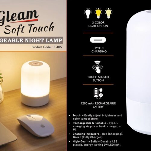 e405 Gleam: Soft touch Rechargeable Night Lamp | 3 Color light with Brightness adjustment | Type C Charging | 1200 mAh battery