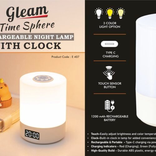 e407 Gleam TimeCube: Soft touch Rechargeable Night Lamp with Clock | 3 Color light | Type C Charging | 1200 mAh battery
