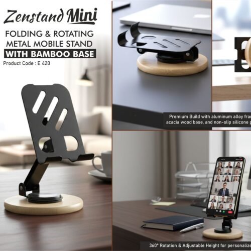 e420 Zenstand Max (Small): Folding & Rotating Metal Mobile Stand with bamboo base | Folds completely to take minimal space