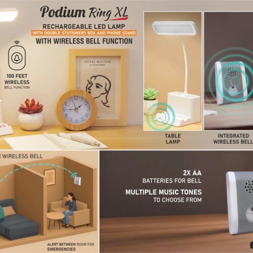 e422 Podium Ring XL: Rechargeable LED lamp with Wireless Bell Function | Double stationery box and Phone stand | 3 Color light | 1200 mAh battery