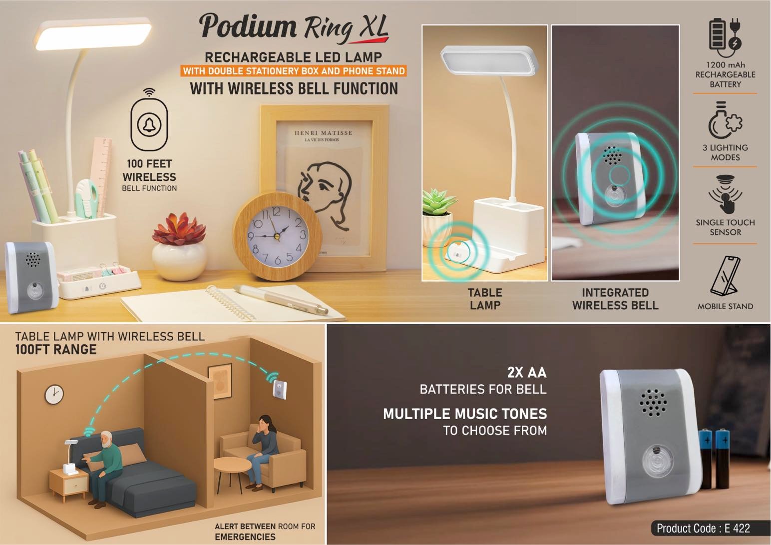 Podium Ring XL: Rechargeable LED lamp with Wireless Bell Function | Double stationery box and Phone stand | 3 Color light | 1200 mAh battery