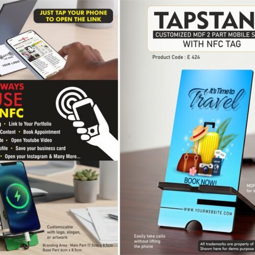 e424 TapStand: Customized MDF 2 part Mobile stand with NFC Tag | Double angle adjustment