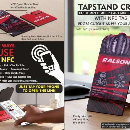 e425 TapStand Craft: Customized MDF 2 part Mobile stand with NFC Tag | Edges cutout as per your artwork